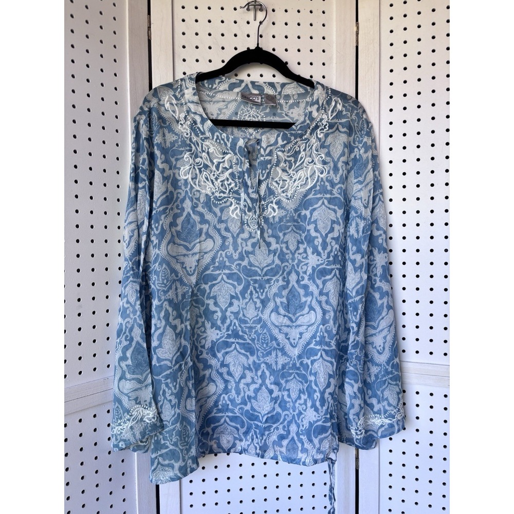 Chico's Women's 2 / Lg Sheer 100% Silk Embroidered Long SLV Blouse V Neck